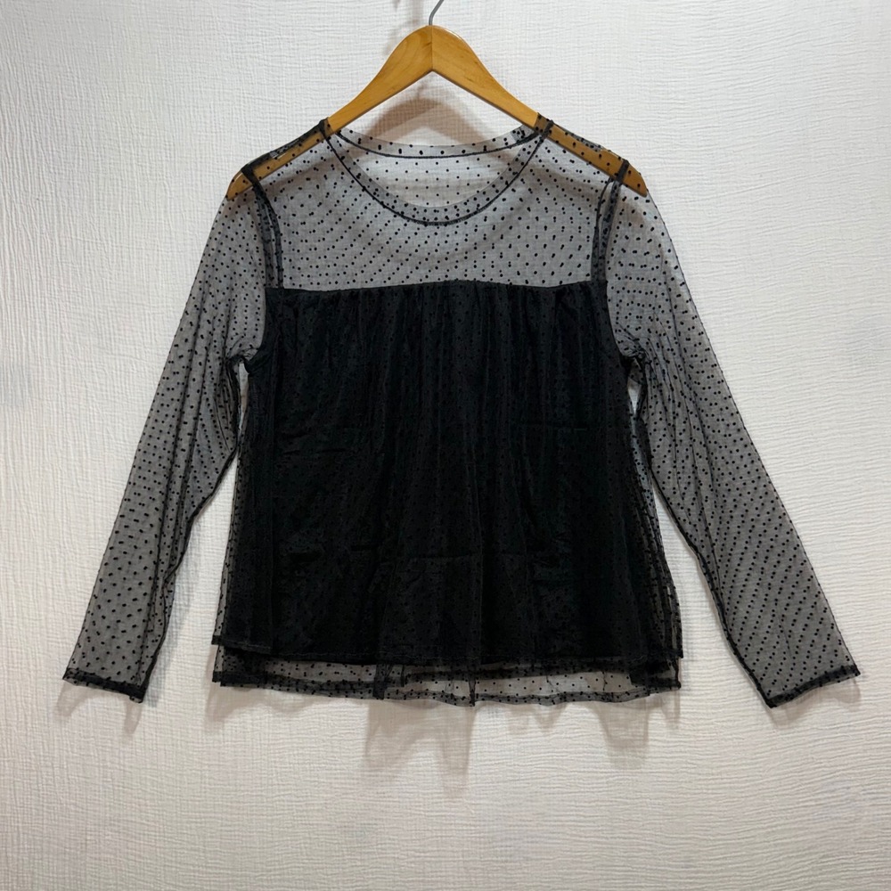 Banana Republic Mesh Blouse Womens Small Petite Black Swiss Dot Sheer Whimsigoth - Picture 2 of 10